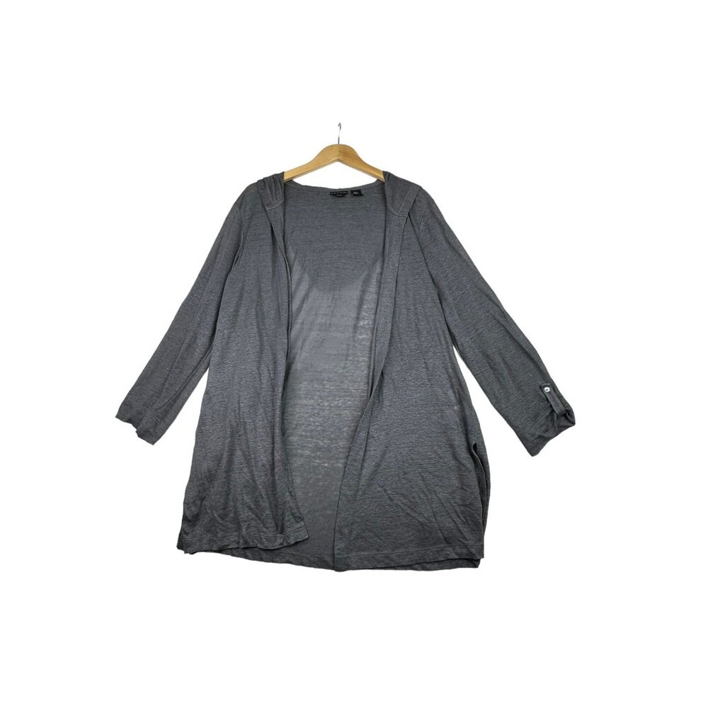 Tahari 100% Lienen Hooded Open Cardigan size Medium Gray